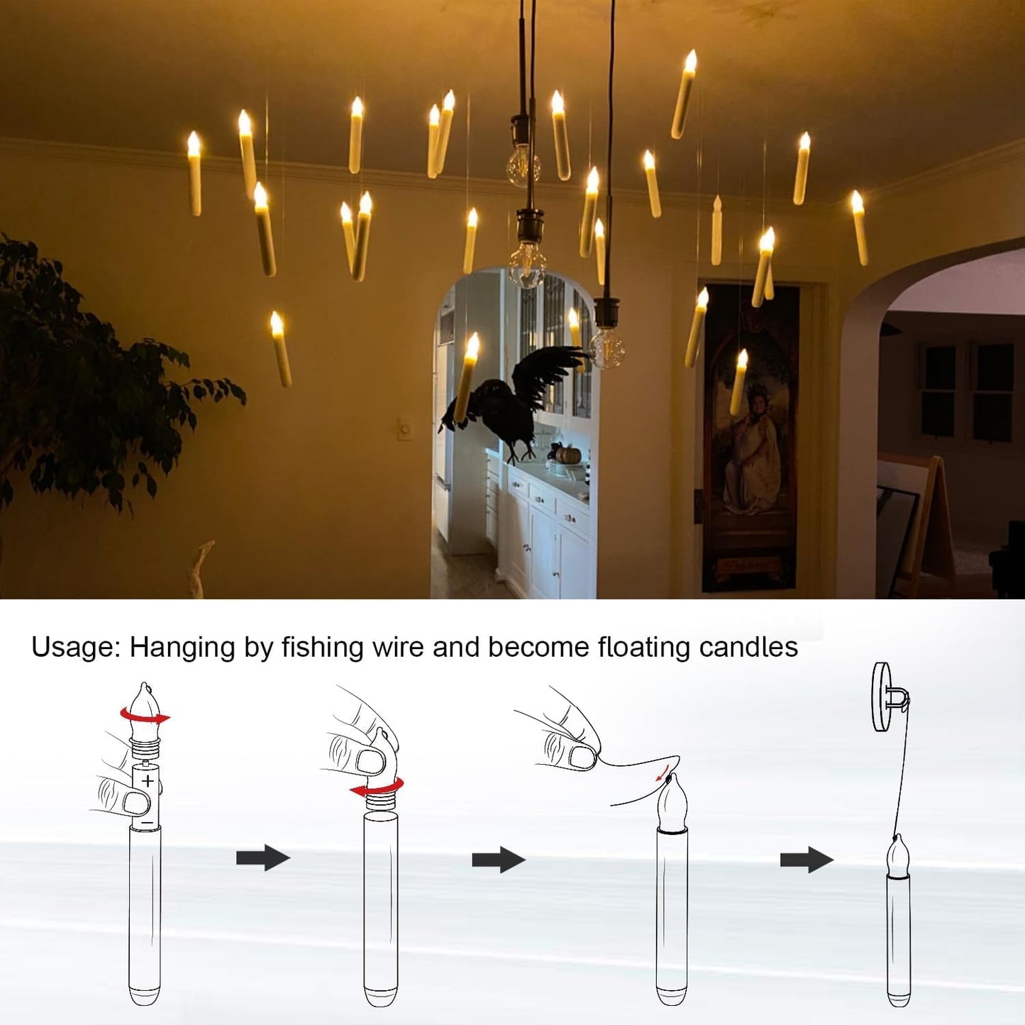 Raycare 20 Pcs Floating Candles with Wand, Magic Hanging Candles Flameless, Flickering LED Taper Candle with Wand Remote, Warm Light, Battery Operated Window Candle for Halloween Witch Wizzard Decors