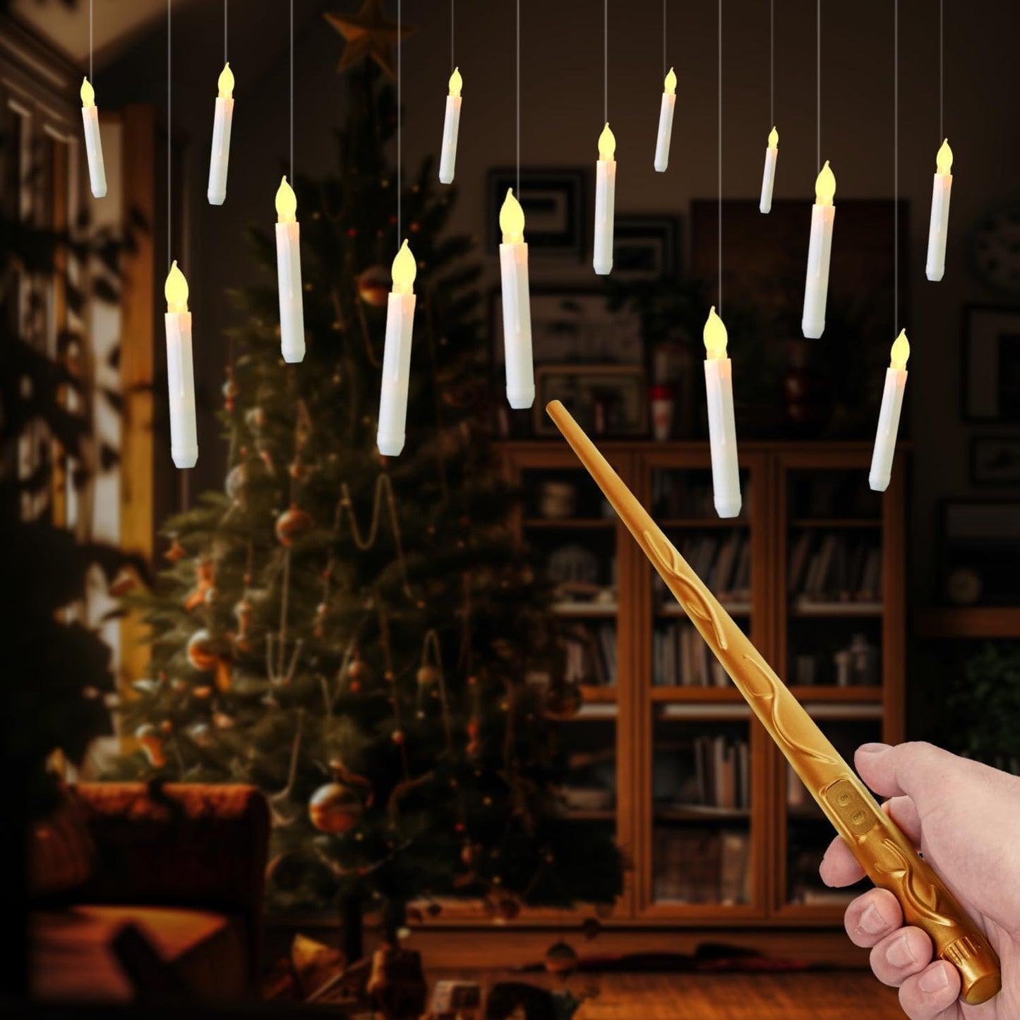 Raycare 20 Pcs Floating Candles with Wand, Magic Hanging Candles Flameless, Flickering LED Taper Candle with Wand Remote, Warm Light, Battery Operated Window Candle for Halloween Witch Wizzard Decors