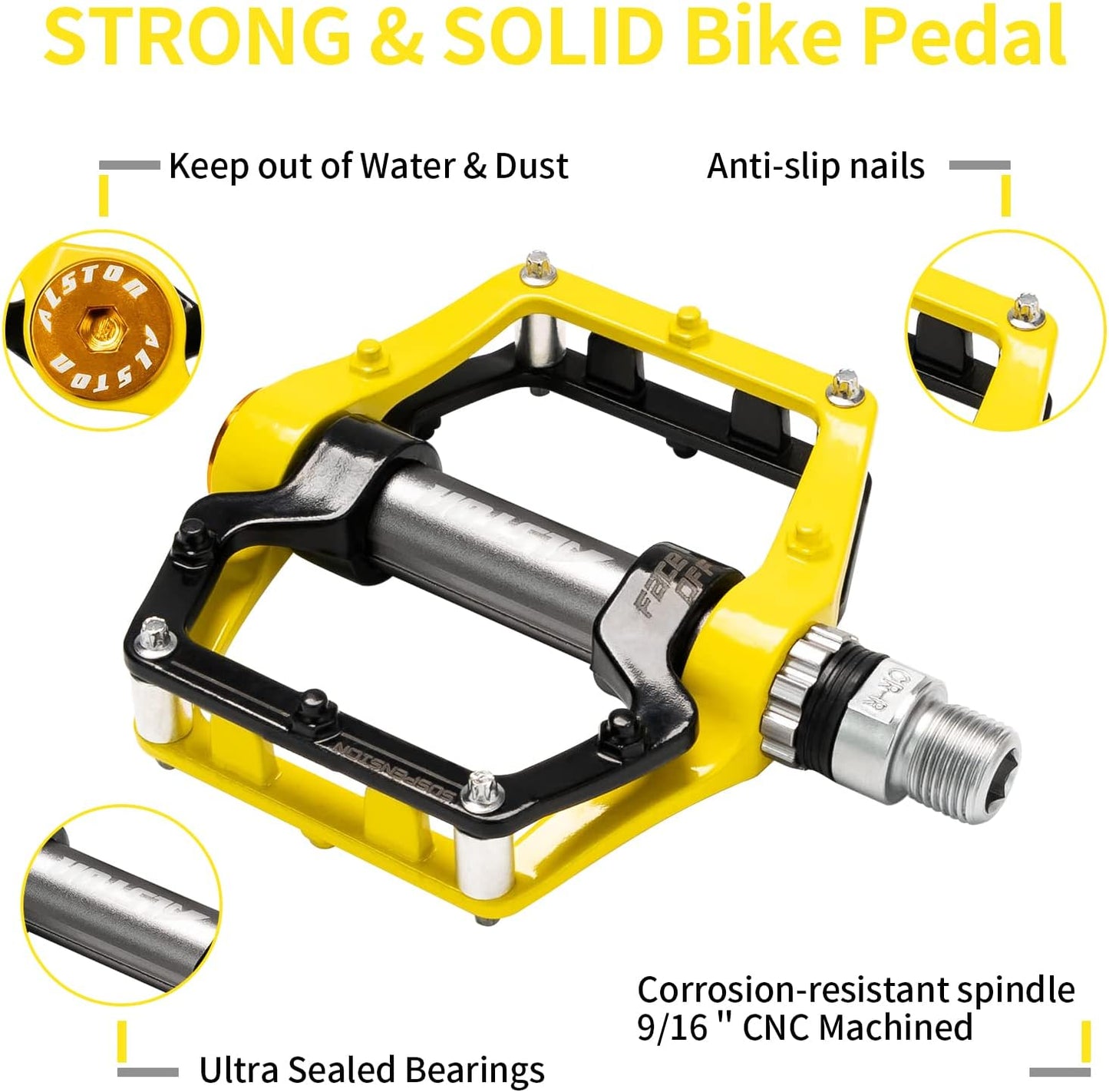 Alston Mountain Bike Pedals Road Bicycle Pedals Non-Slip Lightweight Cycling Pedals Platform Pedals 3 Bearings Pedals for BMX MTB 9/16