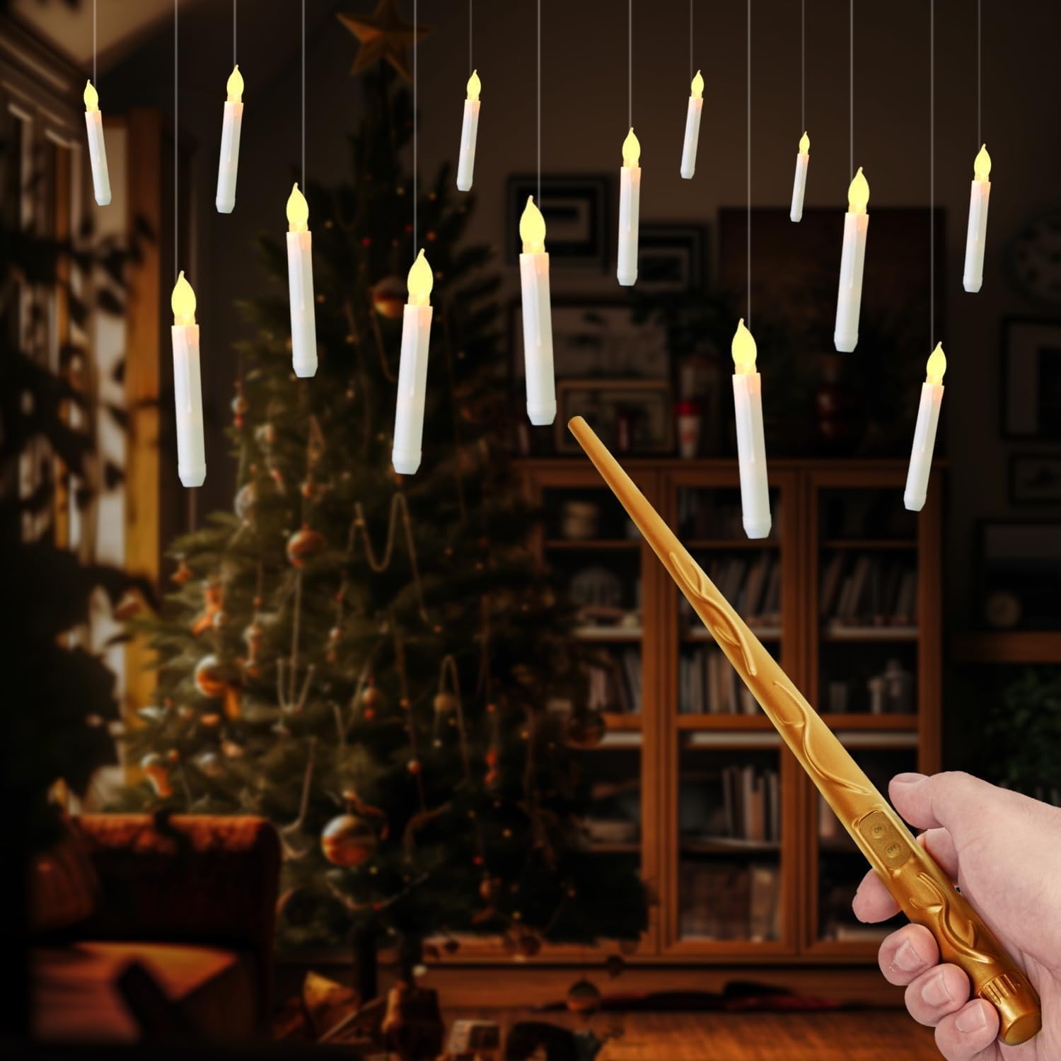 Raycare 20 Pcs Floating Candles with Wand, Magic Hanging Candles Flameless, Flickering LED Taper Candle with Wand Remote, Warm Light, Battery Operated Window Candle for Halloween Witch Wizzard Decors