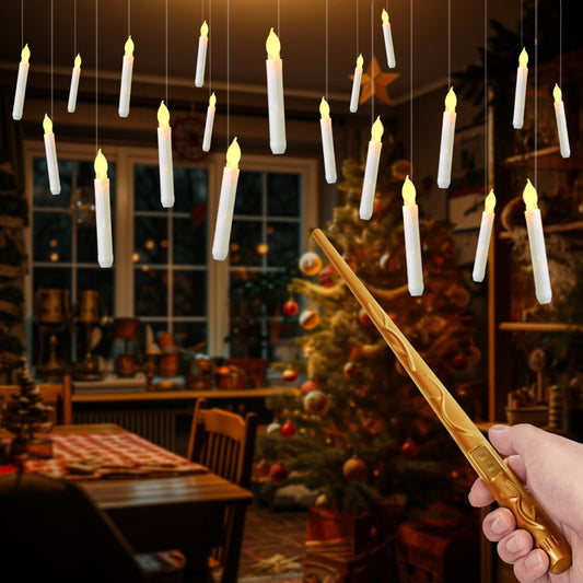 Raycare 20 Pcs Floating Candles with Wand, Magic Hanging Candles Flameless, Flickering LED Taper Candle with Wand Remote, Warm Light, Battery Operated Window Candle for Halloween Witch Wizzard Decors